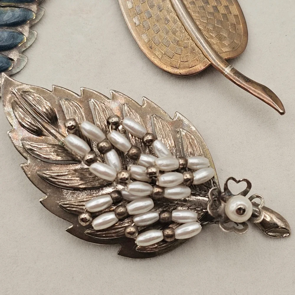 Vintage Leaf Brooch Pin Lot Statement Enamel Faux Pearl‎ Gold Silver Tone Nature